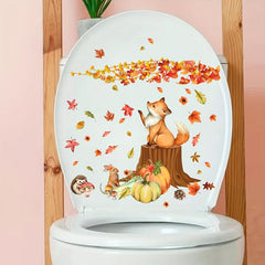 Autumn Scene Toilet Sticker - Maple Leaf Pumpkin Squirrel Wall Decoration