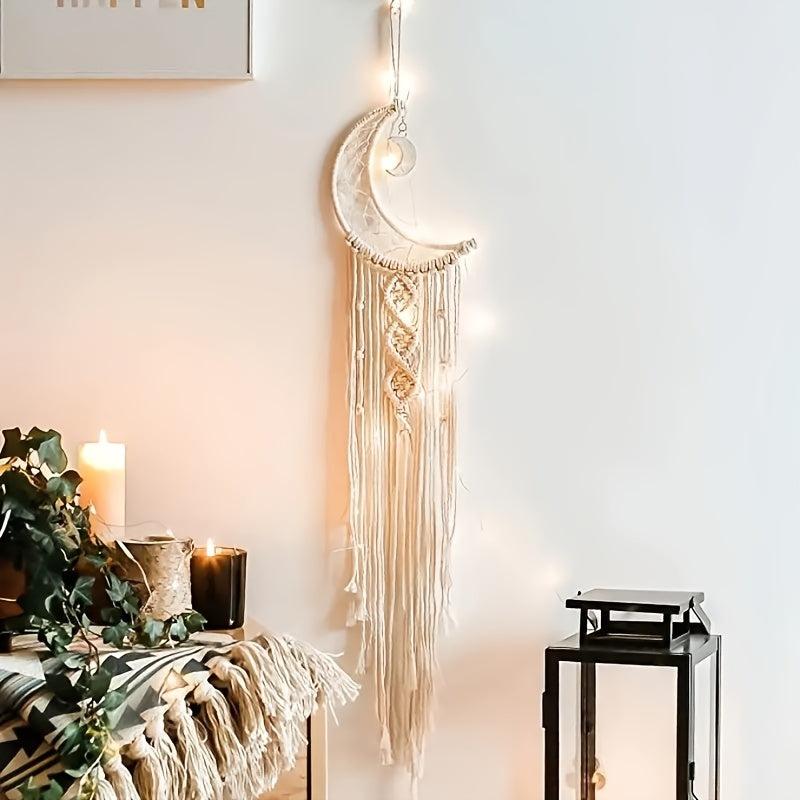 Moon Shaped Dream Catcher with Lights Boho Hanging Decoration for Bedroom