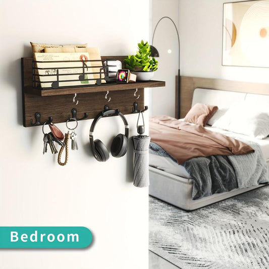 Wooden Wall Mounted Key Holder with Hooks for Storage