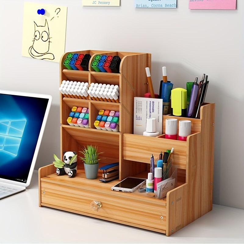 Wooden Desktop Storage Box with Drawer and Pen Holder