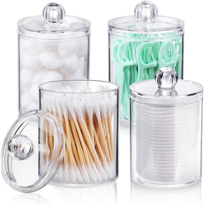 4 Pack Qtip Holder Dispenser Clear Plastic Apothecary Jar Set For Bathroom