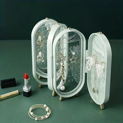 Portable Jewelry Storage Box with Mirror and Rack for Necklaces Earrings Rings