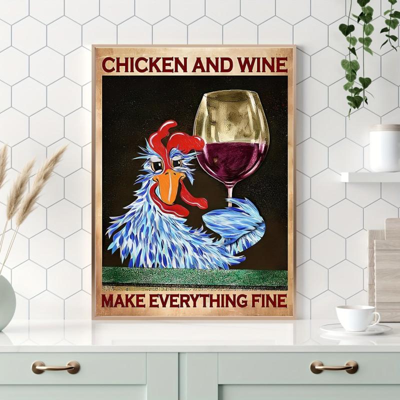 Vintage Chicken & Wine Canvas Poster