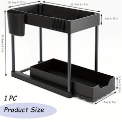 2 Tier Under Sink Organizer Rack with 4 Hooks for Bathroom Kitchen