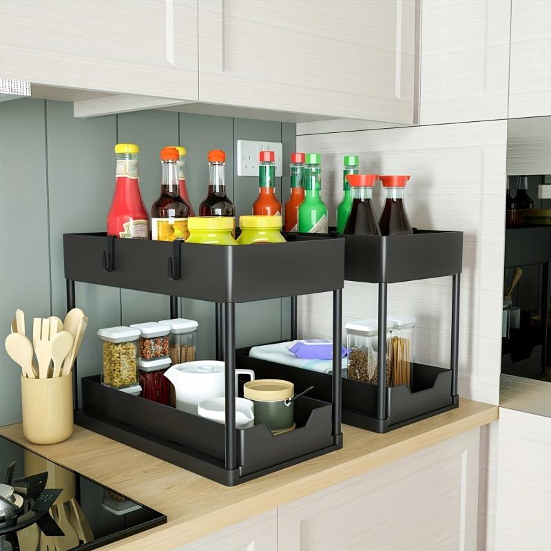 2 Tier Under Sink Organizer Rack with 4 Hooks for Bathroom Kitchen
