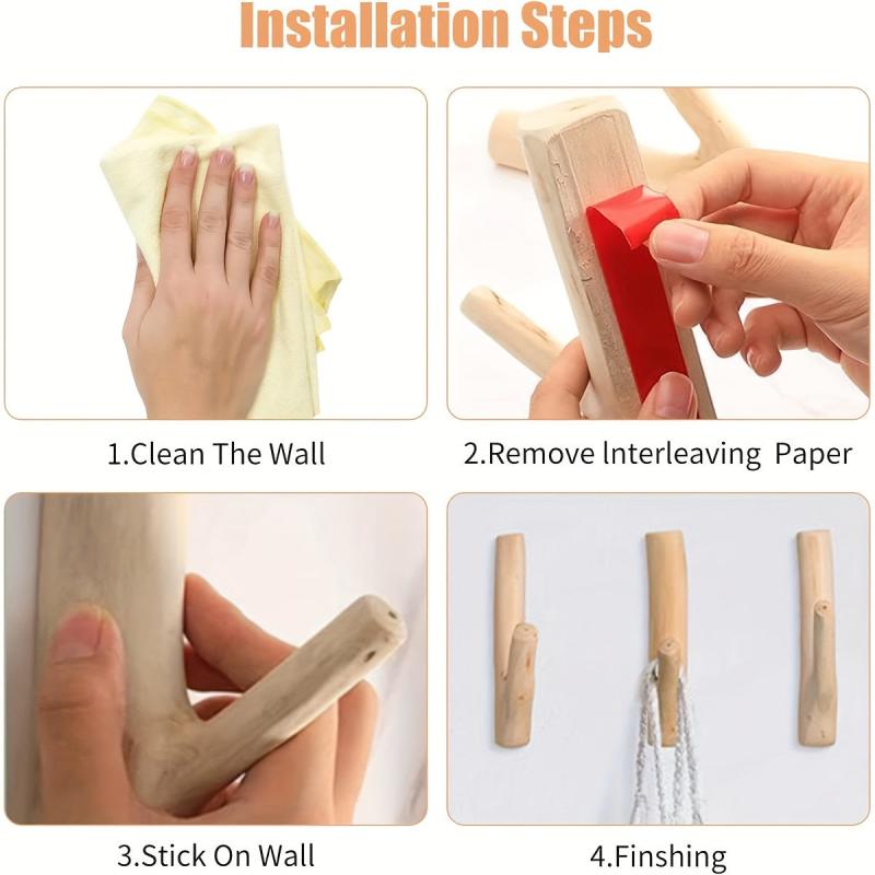 Wooden Wall Hook Coat Key Holder Self Adhesive Installation