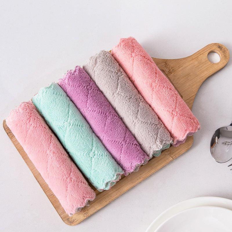 5pcs Embossed Coral Fleece Dish Towels Soft Absorbent for Kitchen Cleaning