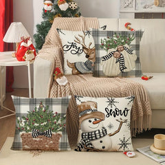 Winter Deer Snowman Christmas Tree Cushion Cover 18x18 Inches