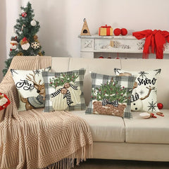 Winter Deer Snowman Christmas Tree Cushion Cover 18x18 Inches