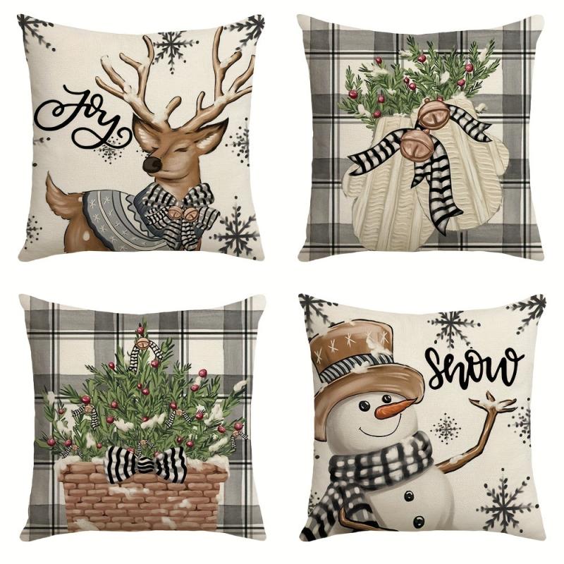 Winter Deer Snowman Christmas Tree Cushion Cover 18x18 Inches