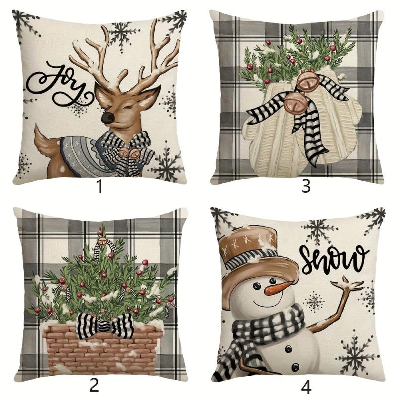 Winter Deer Snowman Christmas Tree Cushion Cover 18x18 Inches