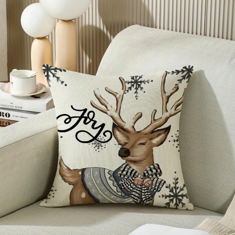 Winter Deer Snowman Christmas Tree Cushion Cover 18x18 Inches