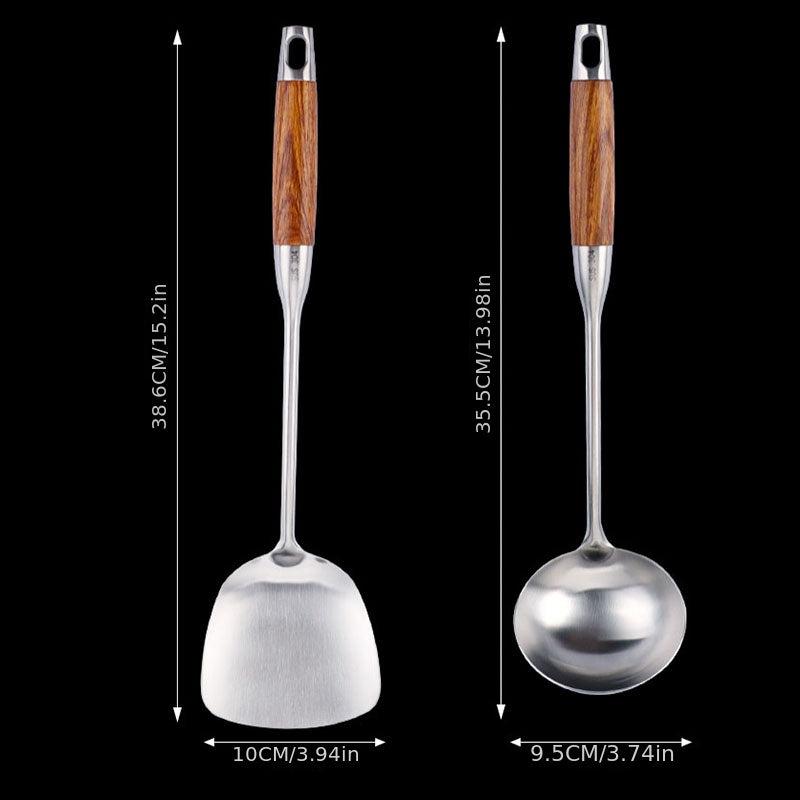 Stainless Steel Wok Spatula Soup Ladle Wooden Handle Kitchen Utensils