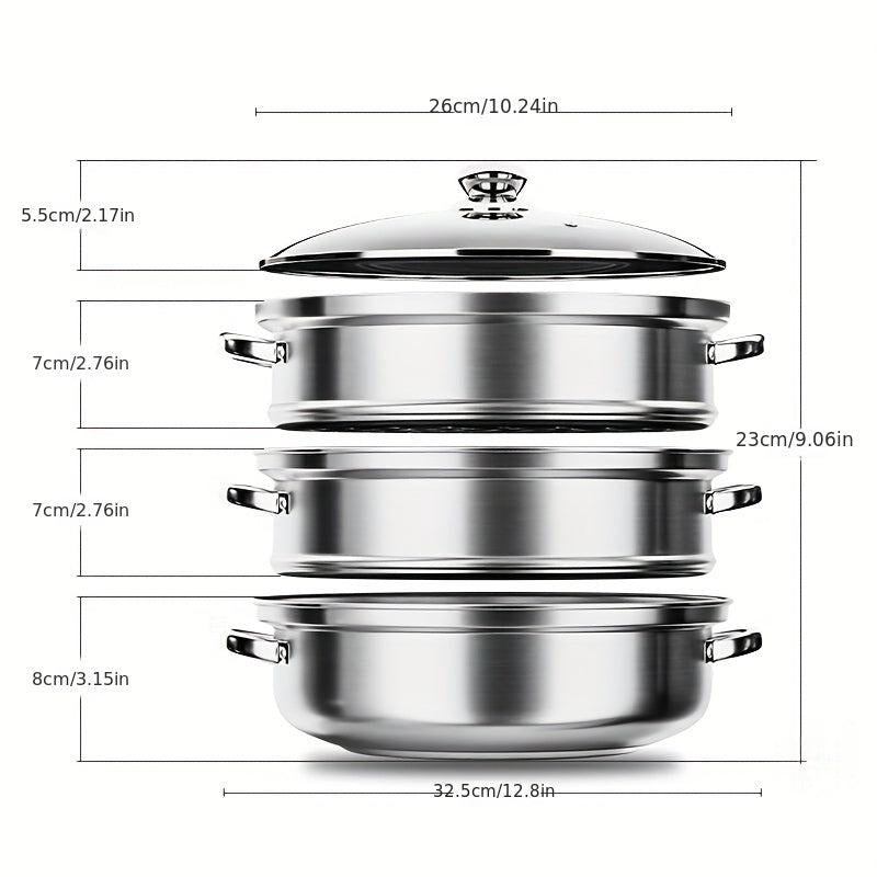 Stainless Steel 3 Tier Steamer Pot With Lid