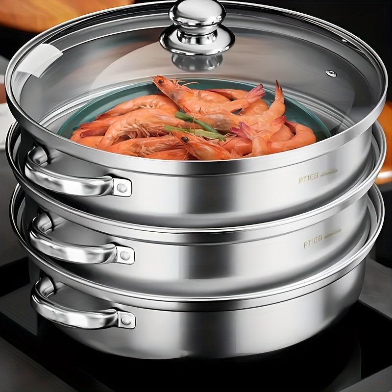 3 Tier Steamer Pot Set Stainless Steel Stockpot Multifunction Thick Steaming Pot