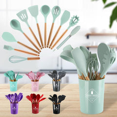 11pcs Silicone Cooking Utensils Set With Wooden Handle Kitchenware