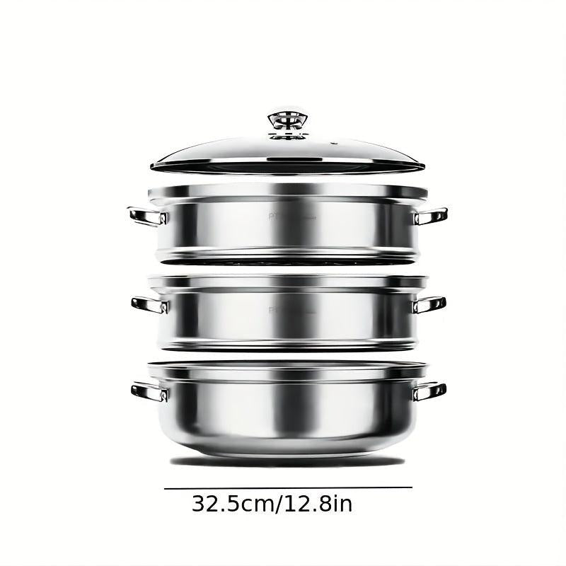 3 Tier Steamer Pot With Lid Stainless Steel 25x23cm Kitchen Utensils