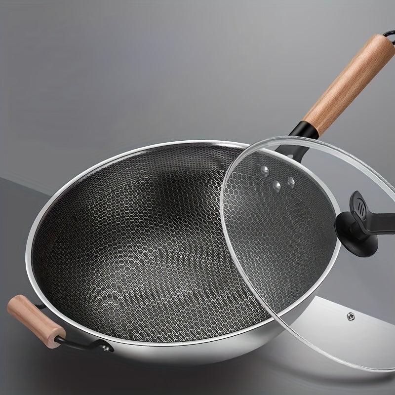 Non Stick Wok With Lid 32 Stainless Steel Honeycomb Coating Deep Frying Pan