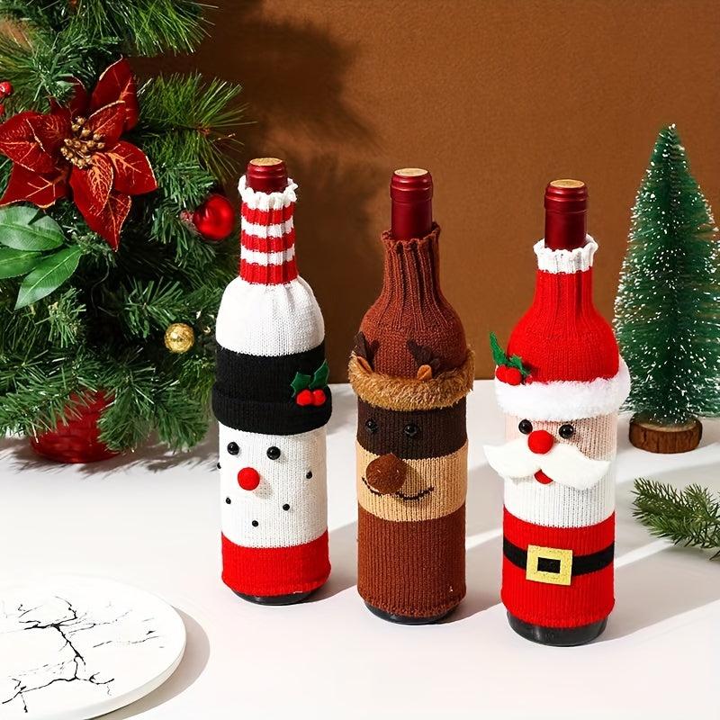 3pcs Knitted Snowman Red Wine Cover Xmas Party Decor