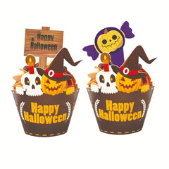 24pcs Halloween Cake Decoration Cupcake Wrappers & Toppers Set