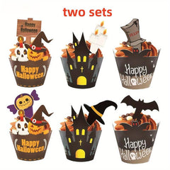 24pcs Halloween Cake Decoration Cupcake Wrappers & Toppers Set