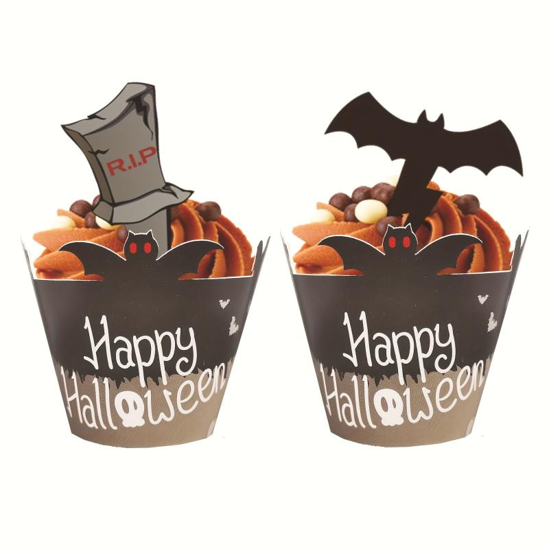24pcs Halloween Cake Decoration Cupcake Wrappers & Toppers Set