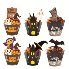 24pcs Halloween Cake Decoration Cupcake Wrappers & Toppers Set
