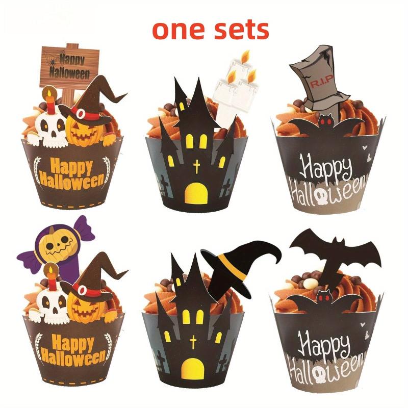 24pcs Halloween Cake Decoration Cupcake Wrappers & Toppers Set