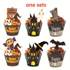 24pcs Halloween Cake Decoration Cupcake Wrappers & Toppers Set