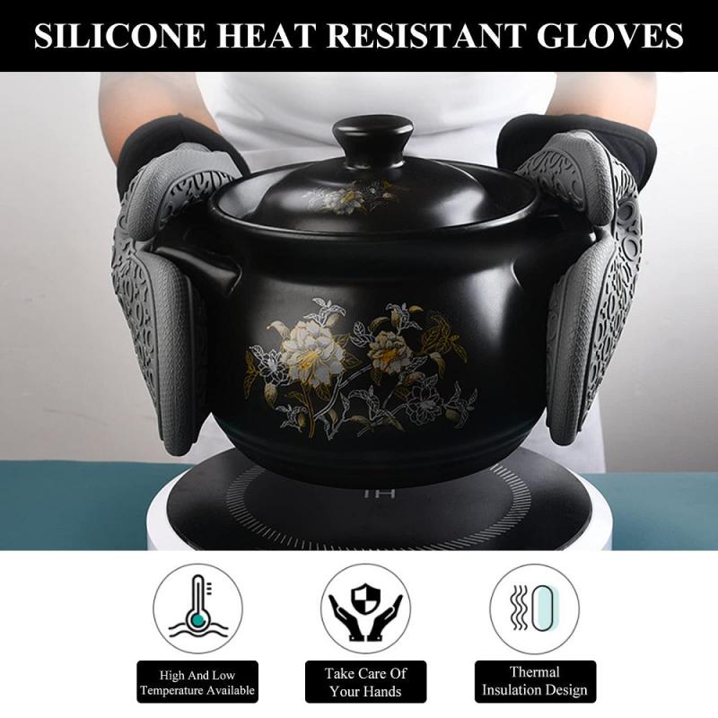 4pcs Silicone Oven Mitts and Pot Holders Set Heat Resistant Gloves with Hot Pads