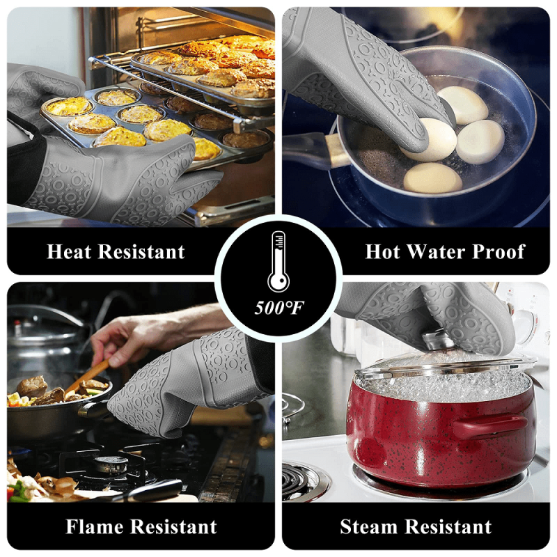 4pcs Silicone Oven Mitts and Pot Holders Set Heat Resistant Gloves with Hot Pads
