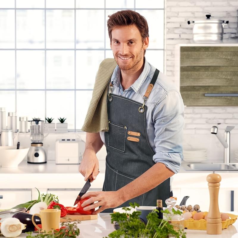 Adjustable Canvas Kitchen Apron with Large Pockets for Cooking and Baking