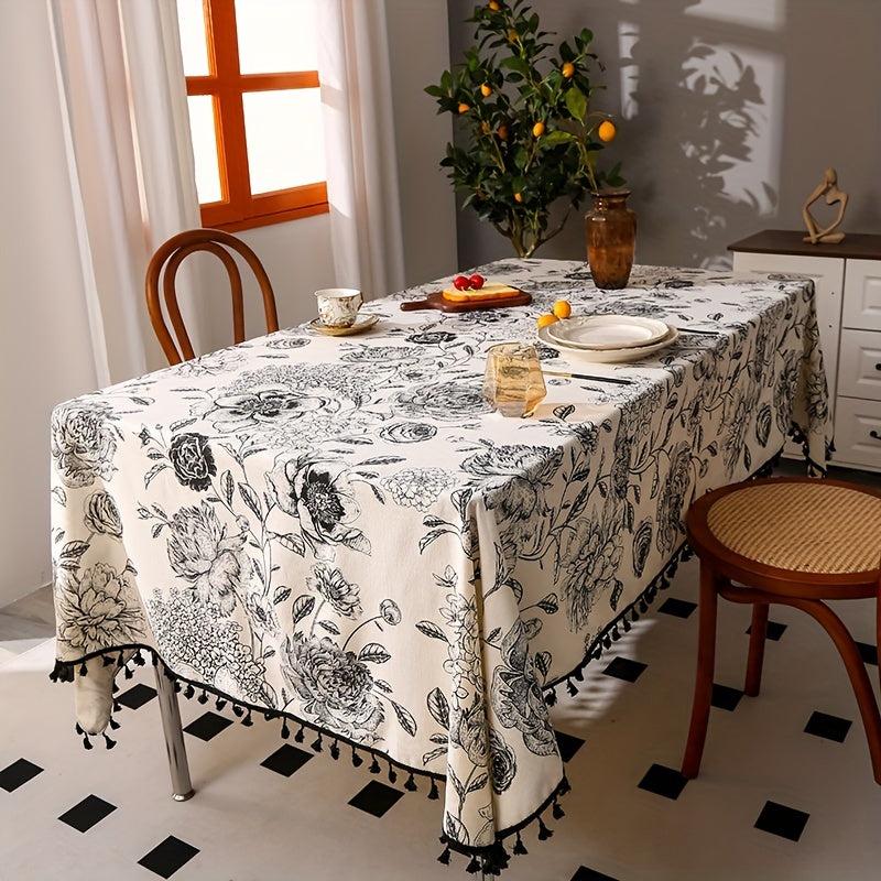 Boho Farmhouse Hydrangea Linen Tablecloth w/ Tassel for Dining Buffet