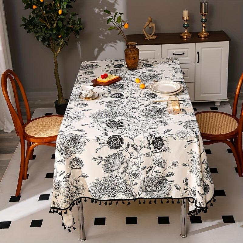 Boho Farmhouse Hydrangea Linen Tablecloth w/ Tassel for Dining Buffet