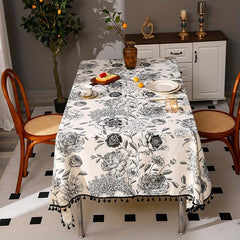 Boho Farmhouse Hydrangea Linen Tablecloth w/ Tassel for Dining Buffet