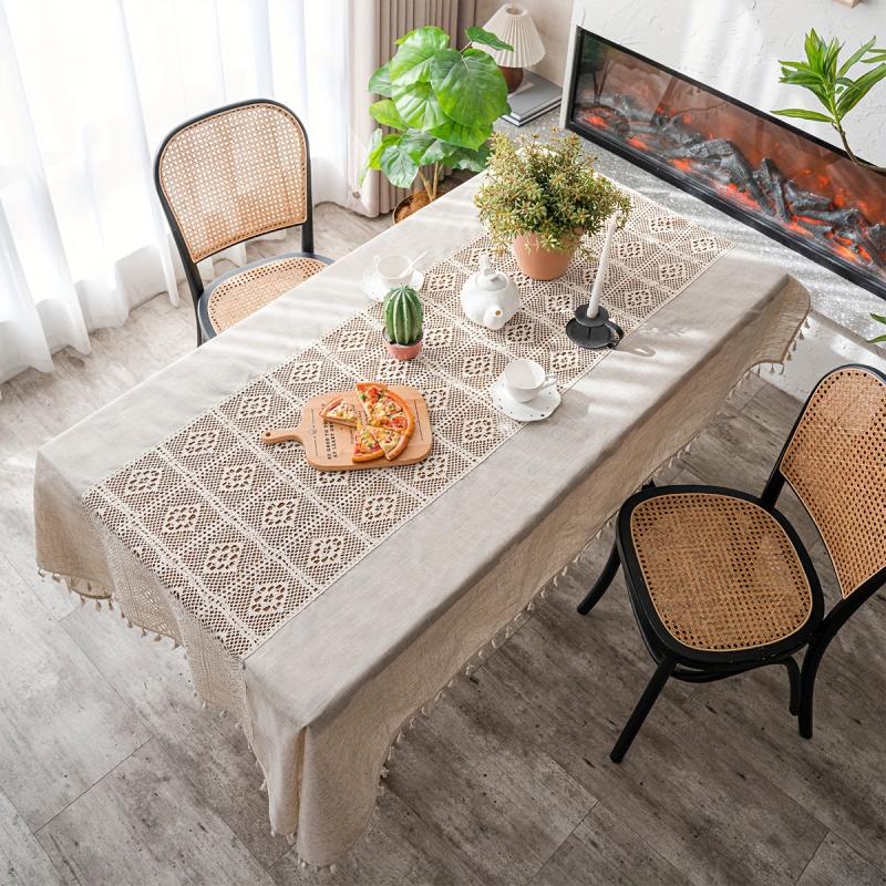 Polyester Linen Mosaic Rice Crochet Tablecloth Waterproof Tablecover