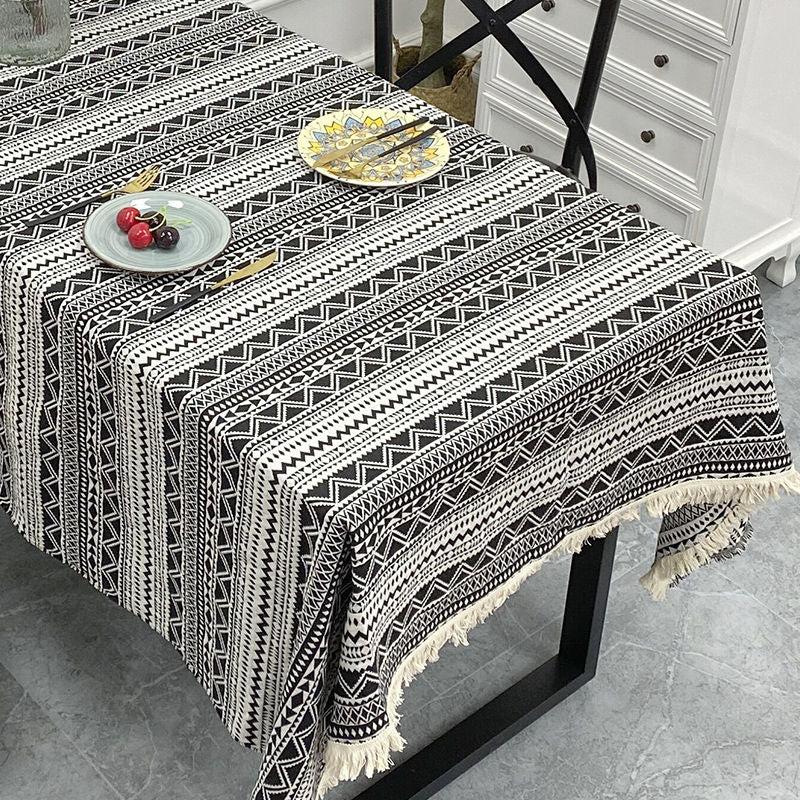 Boho Yarn Dyed Tablecloth Ethnic Style Tassel Cover for Home Decor