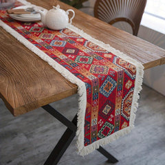 Geometric Jacquard Table Runner with Tassel for Home Decor