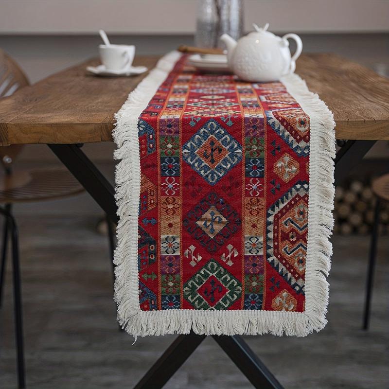 Geometric Jacquard Table Runner with Tassel for Home Decor