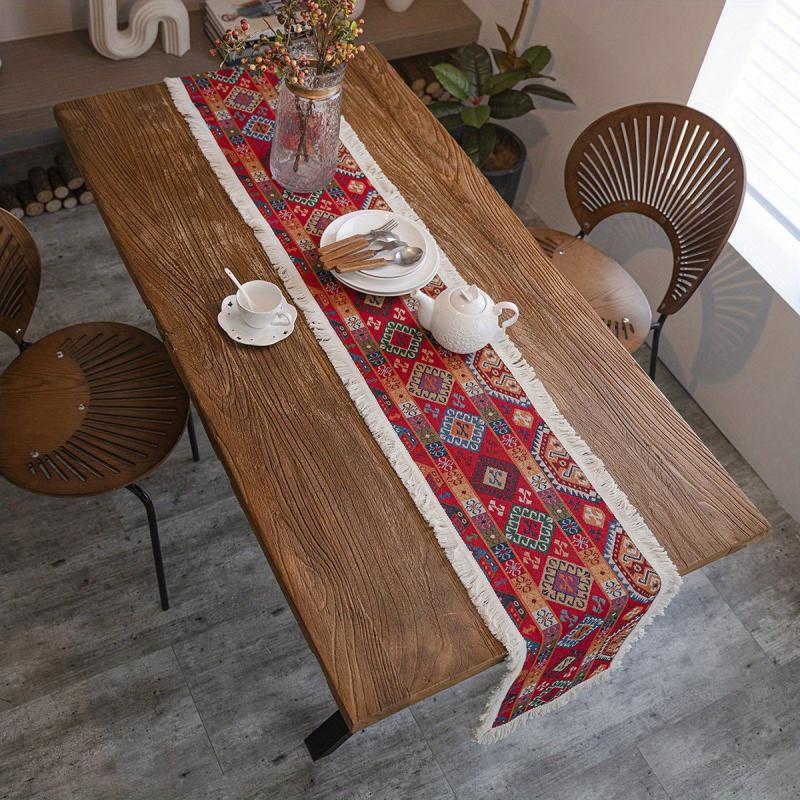Geometric Jacquard Table Runner with Tassel for Home Decor