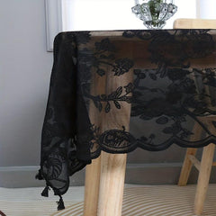 Modern Lace Embroidered Tablecloth Polyester Bird Floral Design Tassel