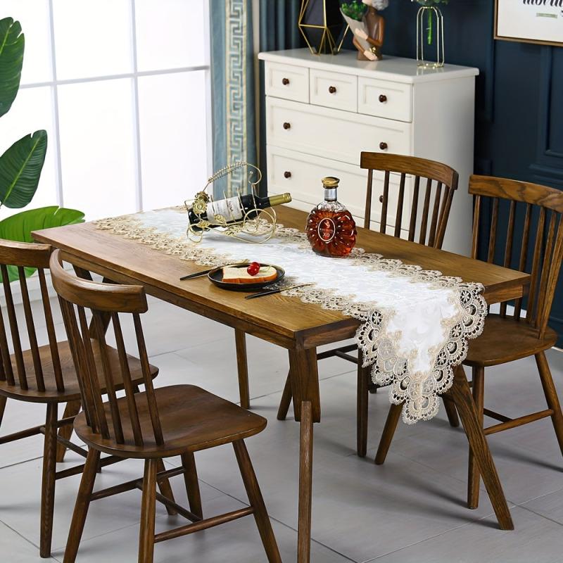 Polyester Table Runner Lace Tassel Embroidery Solid Table Cover Holiday Decor
