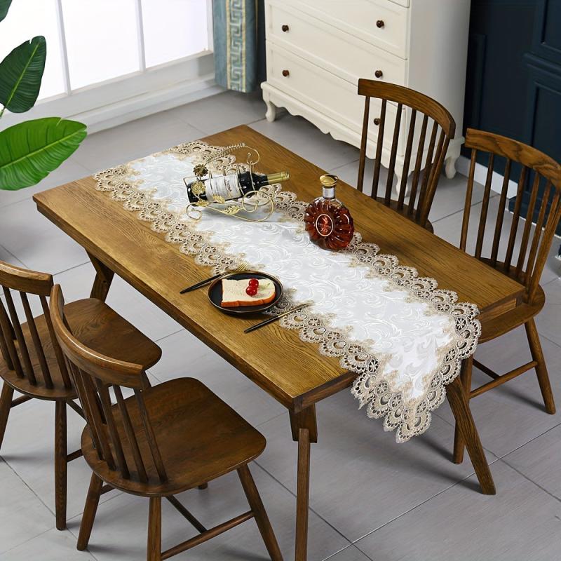 Polyester Table Runner Lace Tassel Embroidery Solid Table Cover Holiday Decor