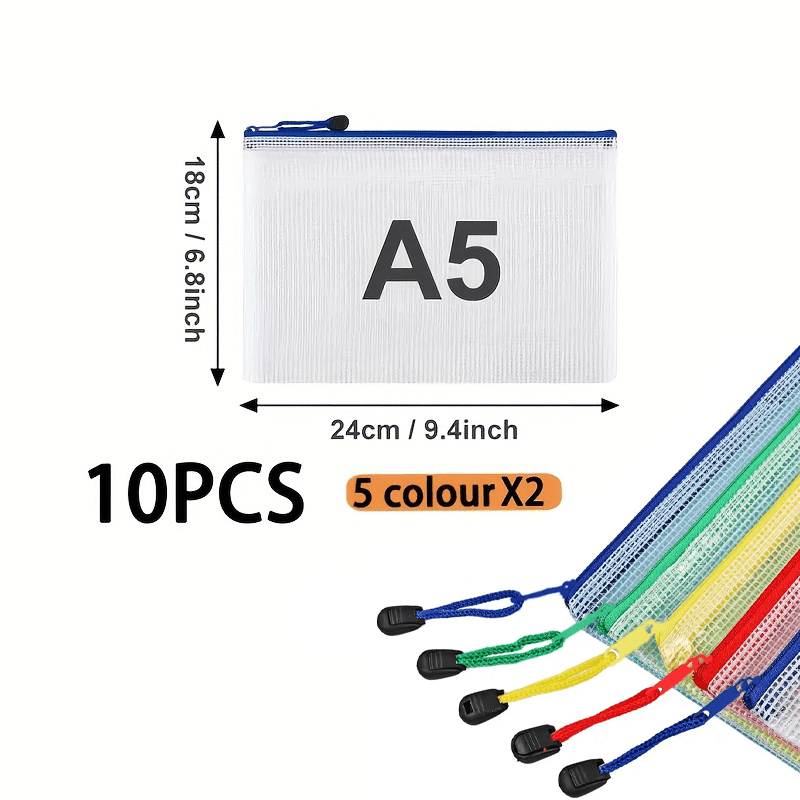 10pcs Multicolor Mesh Waterproof Zipper File Bags for Documents & Envelopes