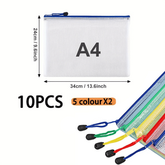 10pcs Multicolor Mesh Waterproof Zipper File Bags for Documents & Envelopes