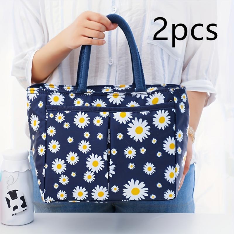 2 Pack Daisy Print Insulated Lunch Bag Bento Box Tote Square Hand Washable