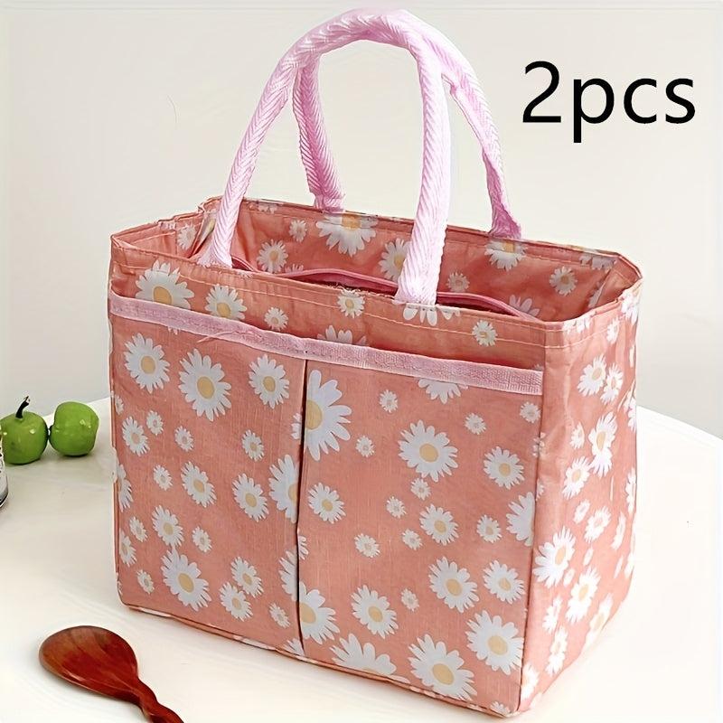 2 Pack Daisy Print Insulated Lunch Bag Bento Box Tote Square Hand Washable