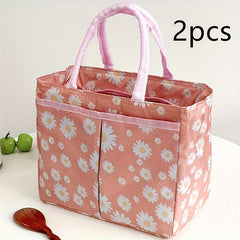 2 Pack Daisy Print Insulated Lunch Bag Bento Box Tote Square Hand Washable