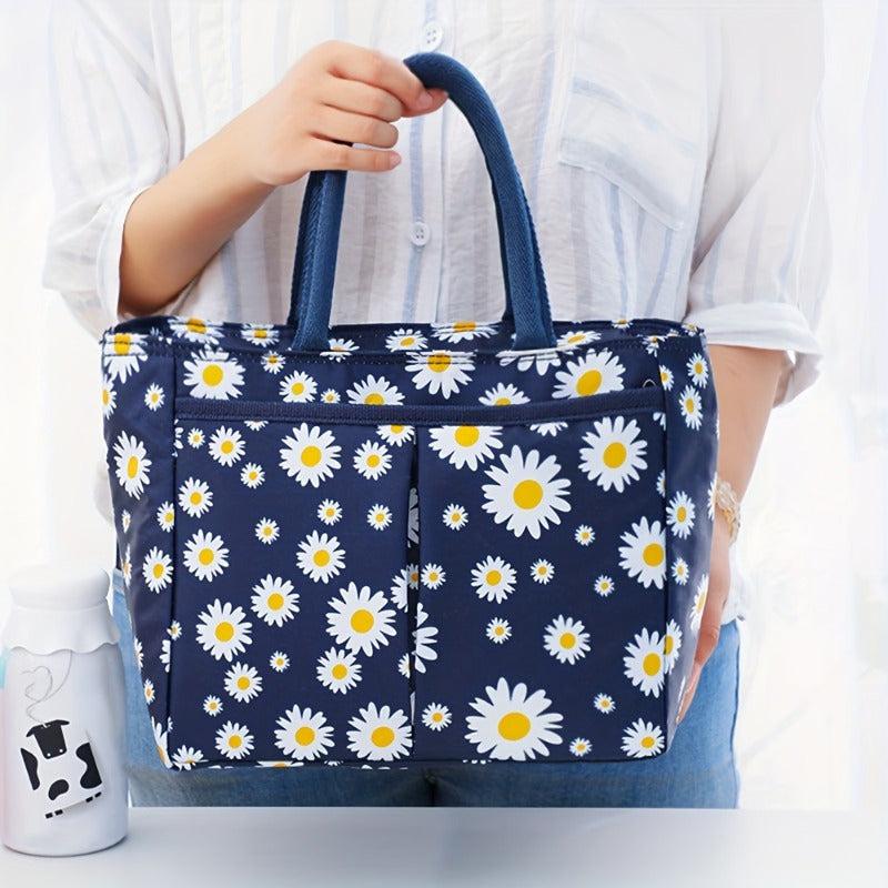 2 Pack Daisy Print Insulated Lunch Bag Bento Box Tote Square Hand Washable