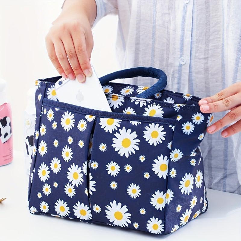 2 Pack Daisy Print Insulated Lunch Bag Bento Box Tote Square Hand Washable